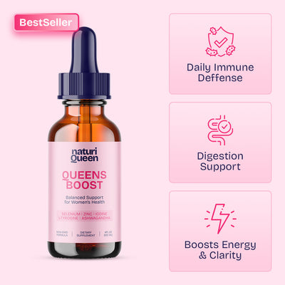 Queens Boost supplement bottle with pink background and feature icons.