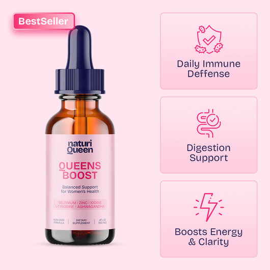 Queens Boost supplement bottle with pink background and feature icons.