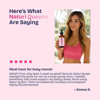 Woman holding a bottle of Naturi Queen product with text about its benefits for busy moms.