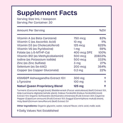 Supplement facts label with detailed nutritional information on a pink background