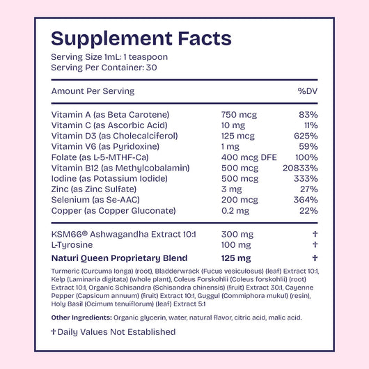 Supplement facts label with detailed nutritional information on a pink background